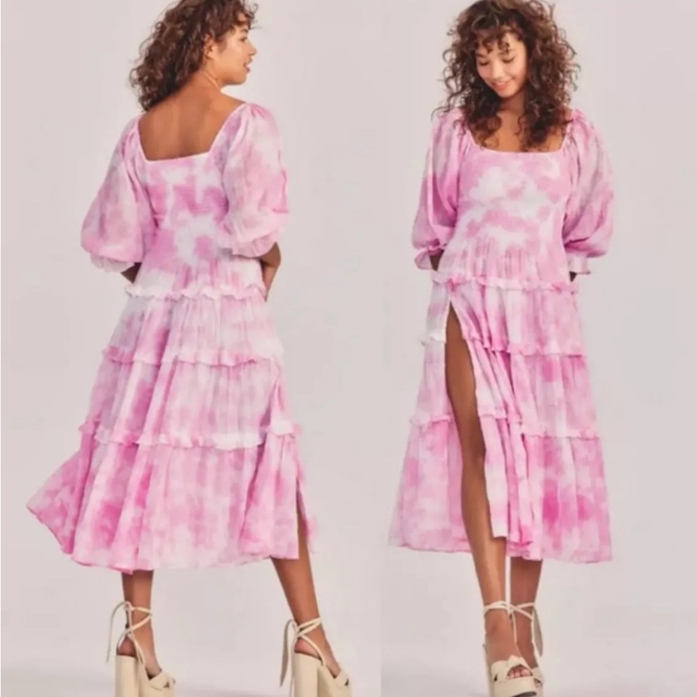 LoveShackFancy Pink and White Tiered Sundress with Bishop Sleeves